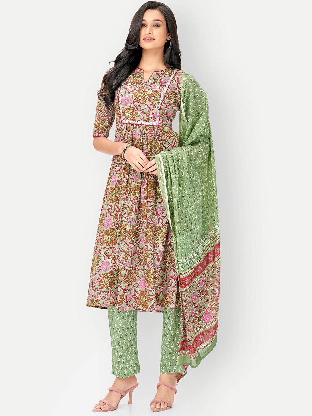 

DRESOUL Floral Printed Mirror Work Pure Cotton Anarkali Kurta & Trousers With Dupatta, Green