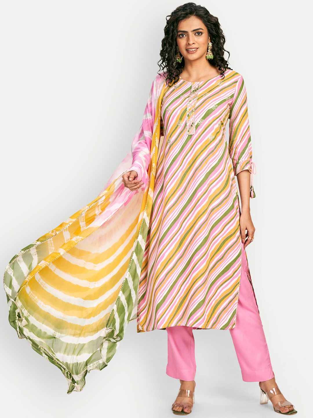 

DRESOUL Striped Printed Zari Detailed Straight Kurta & Trousers with Dupatta, Pink
