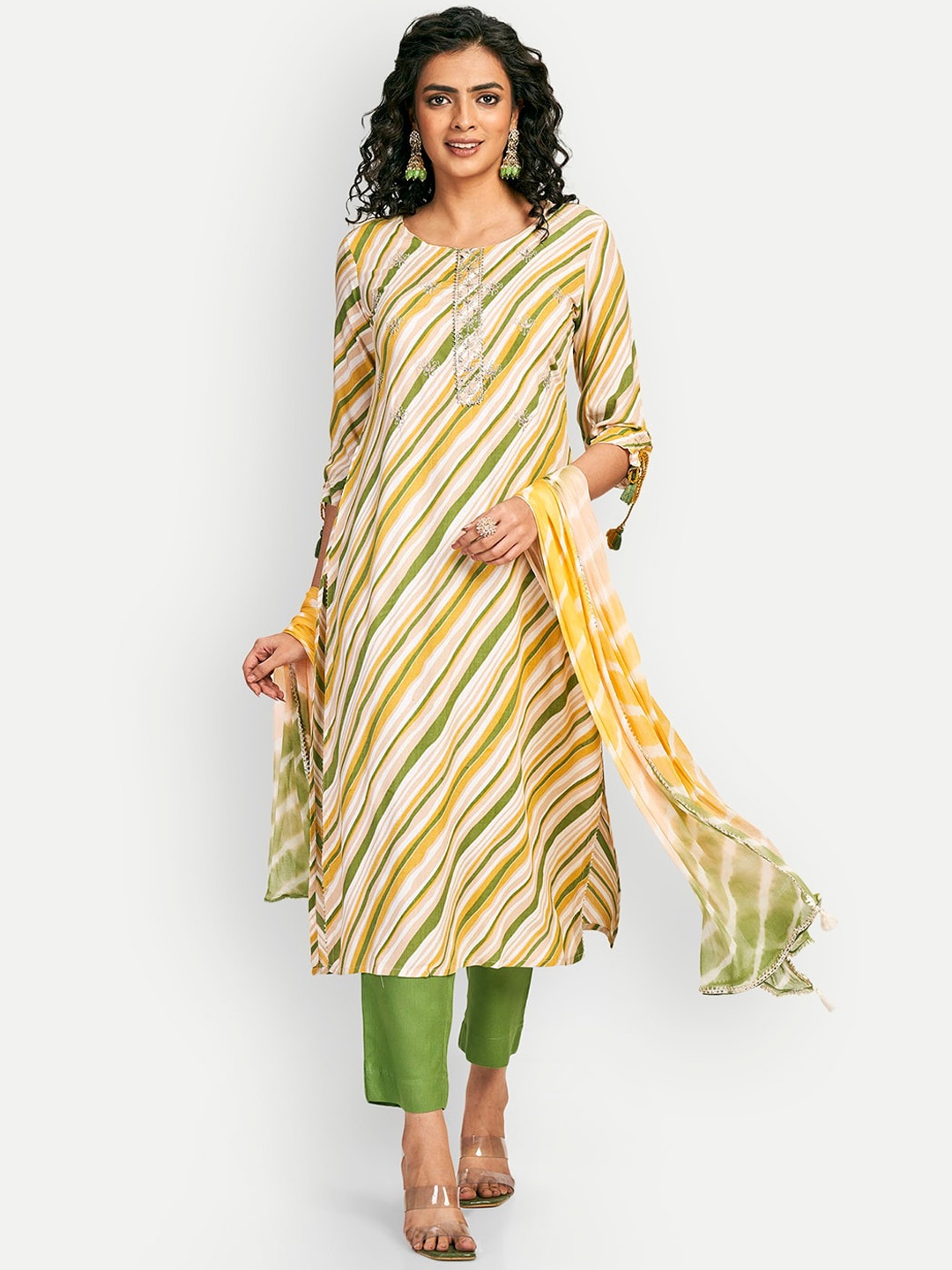 

DRESOUL Striped Regular Thread Work Kurta with Palazzos & With Dupatta, Green