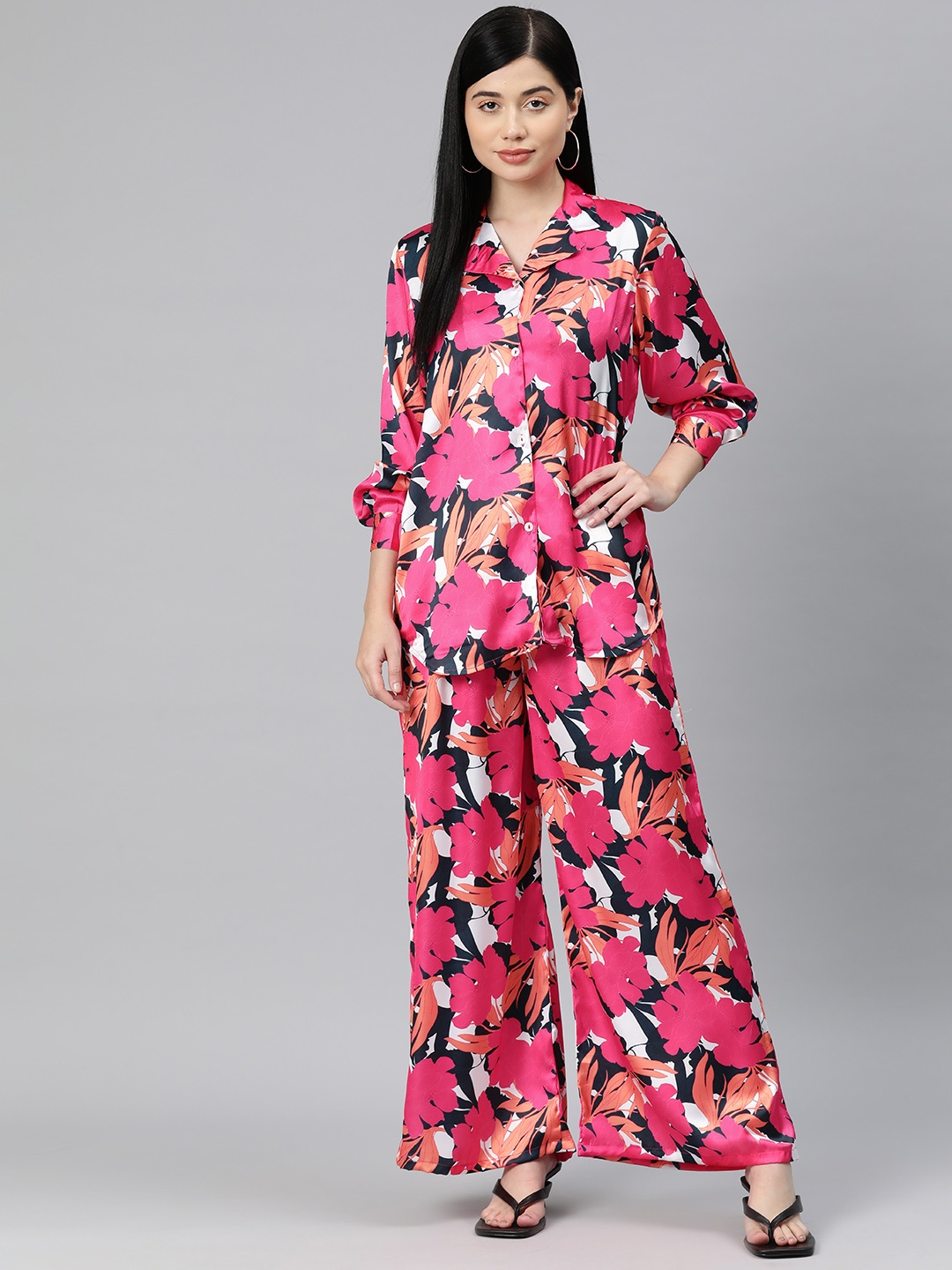 

Readiprint Women Printed Satin Shirt with Palazzos, Pink