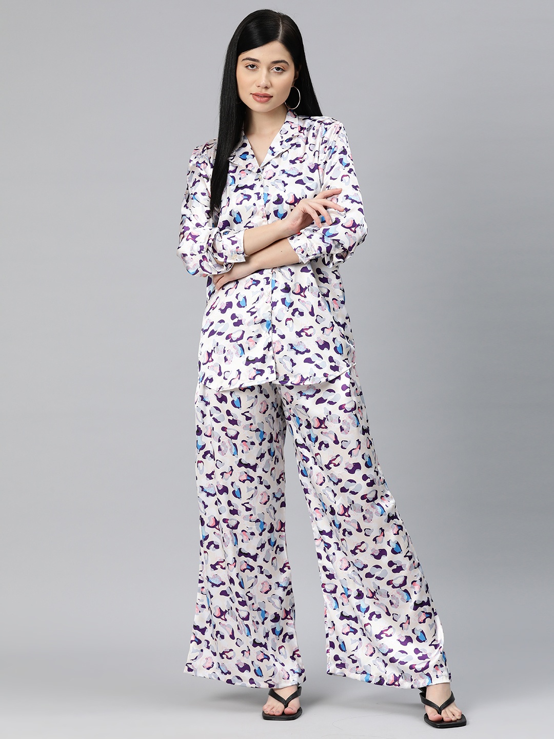 

Readiprint Women Printed Satin Shirt with Palazzos, Cream