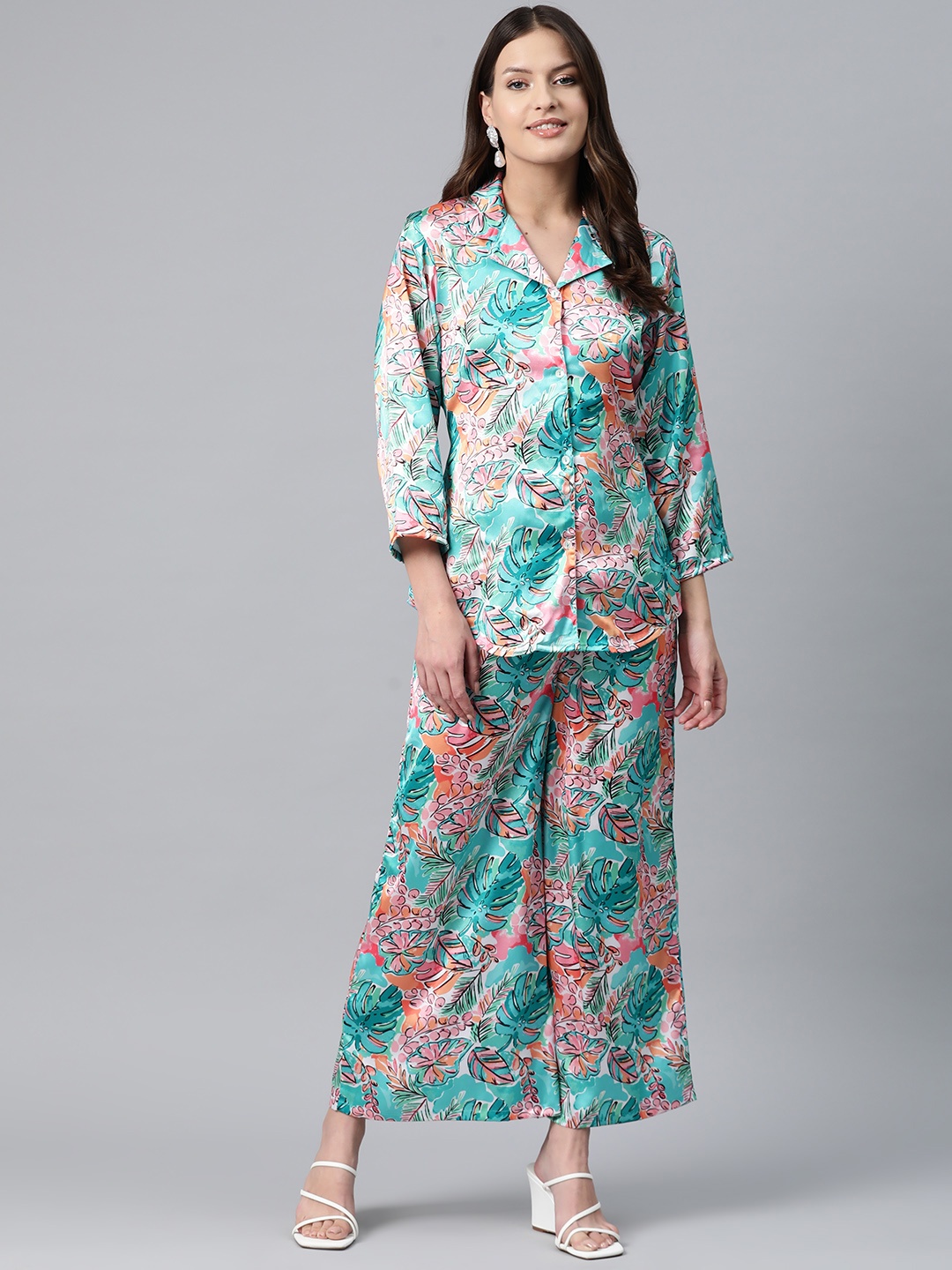 

Readiprint Printed Satin Longline Shirt & Palazzos, Turquoise blue