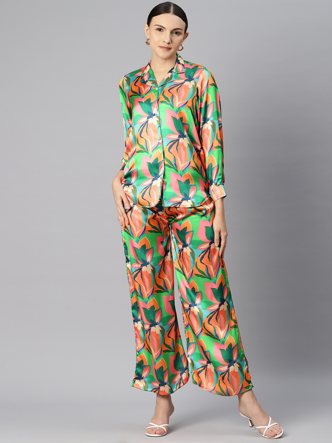 

Readiprint Women Printed Satin Shirt with Palazzos, Green