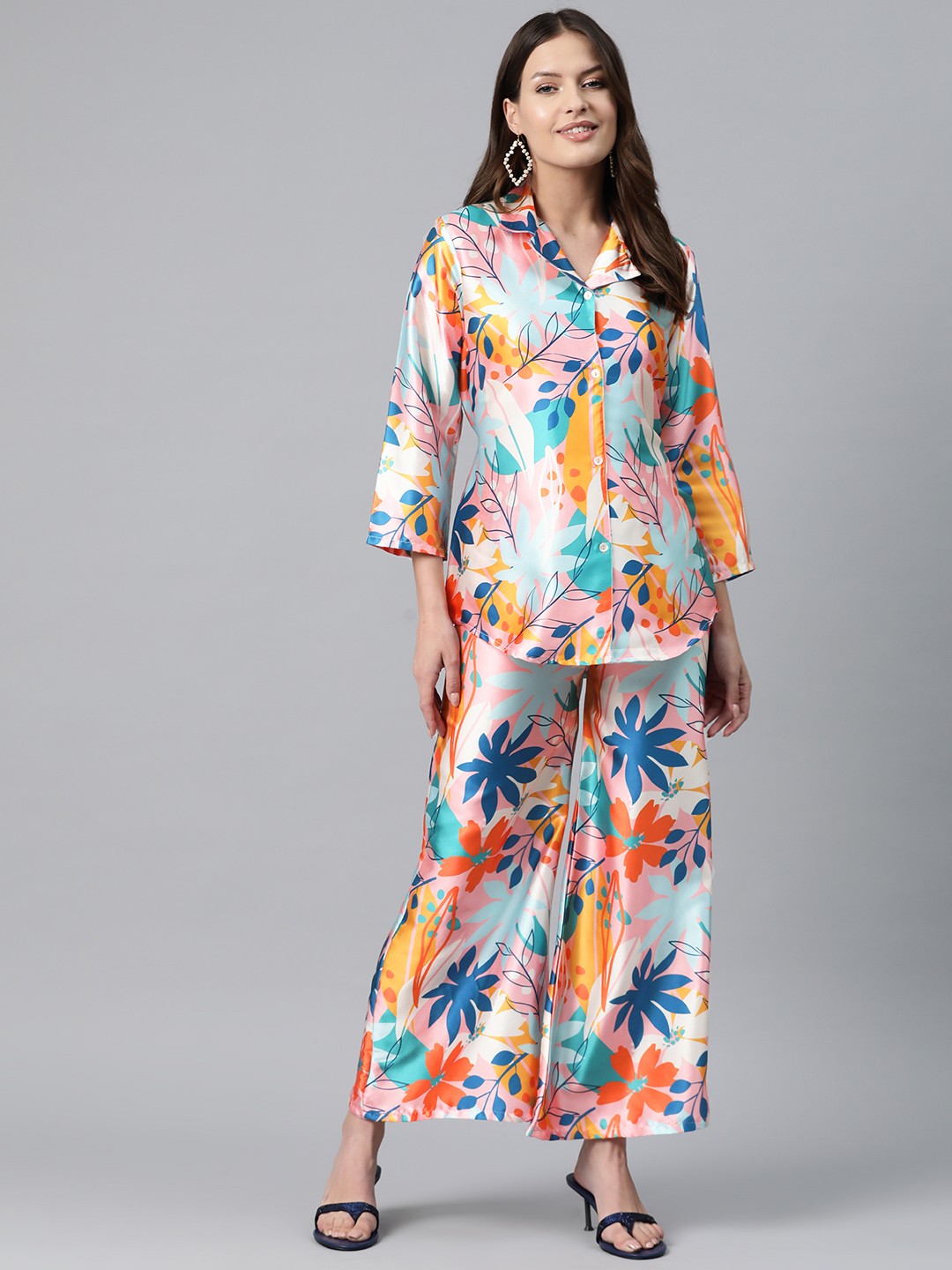 

Readiprint Printed Satin Longline Shirt & Palazzos, Pink