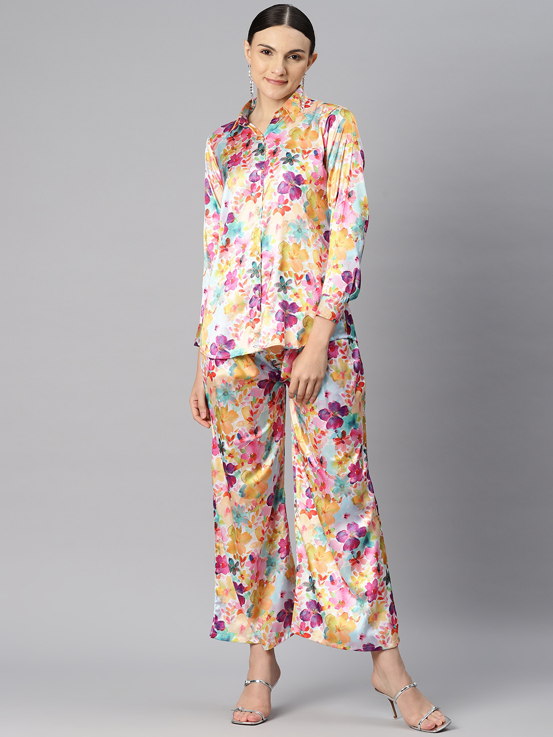 

Readiprint Women Printed Satin Shirt with Palazzos, Multi