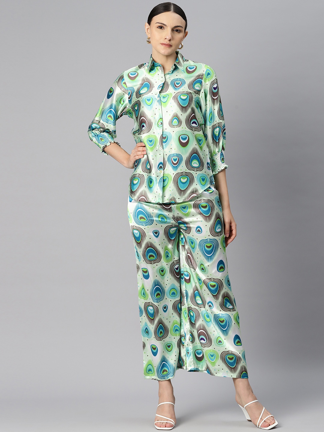 

Readiprint Women Printed Satin Shirt with Palazzos, Green