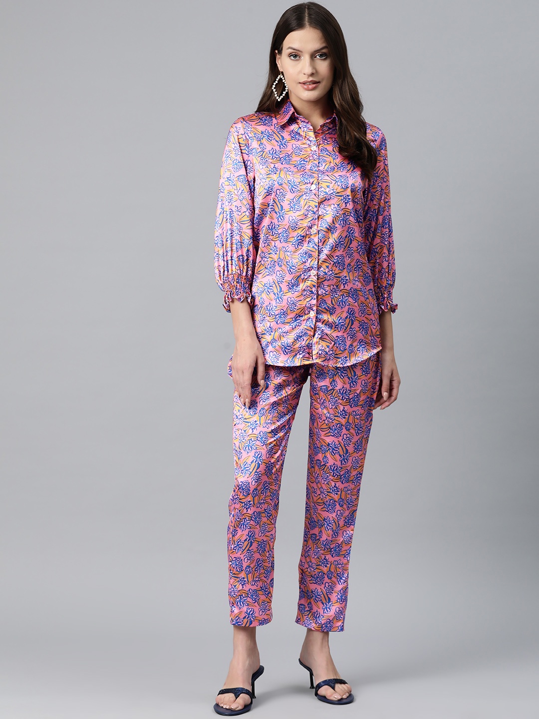 

Readiprint Printed Satin Longline Shirt & Trousers, Pink