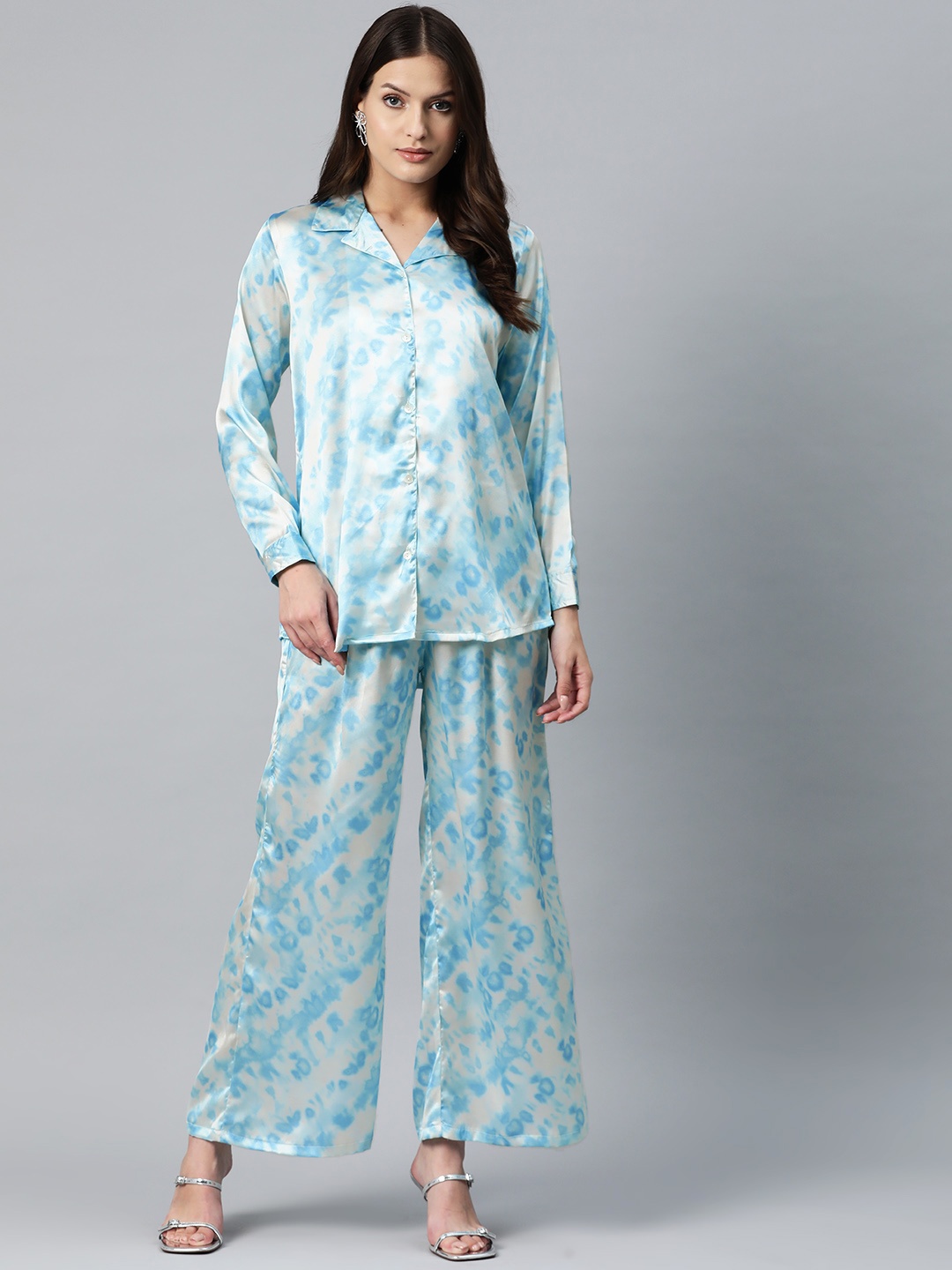 

Readiprint Tie & Dye Satin Longline Shirt & Palazzos, Blue
