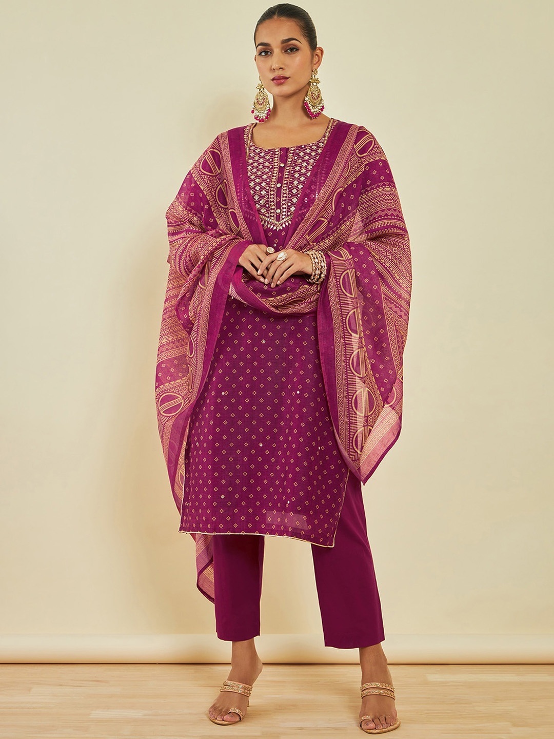 

Soch Geometric Printed Thread Work Kurta & Trousers With Dupatta, Maroon
