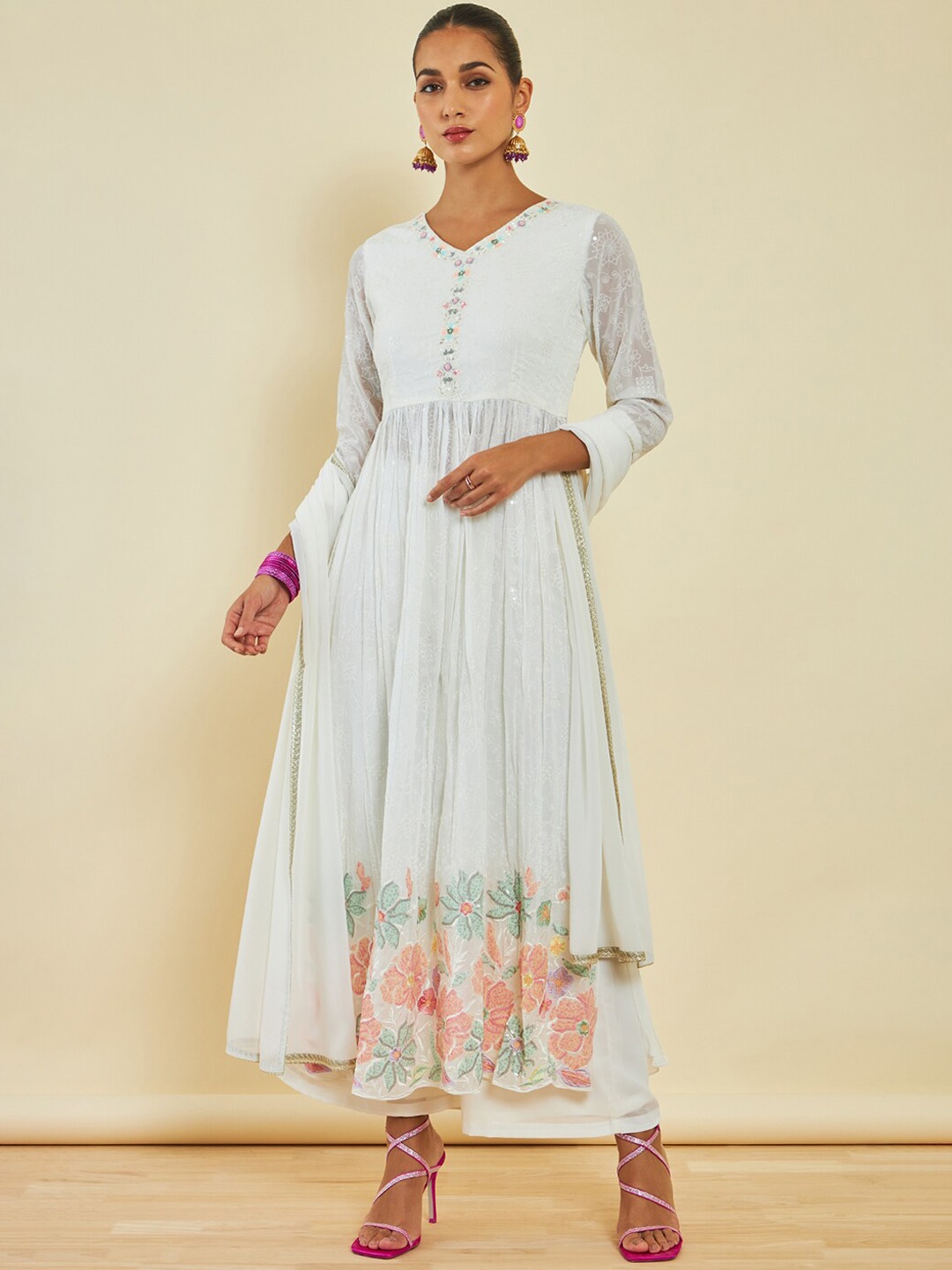 

Soch Floral Embroidered Sequinned V-Neck Kurta & Palazzos With Dupatta, Off white