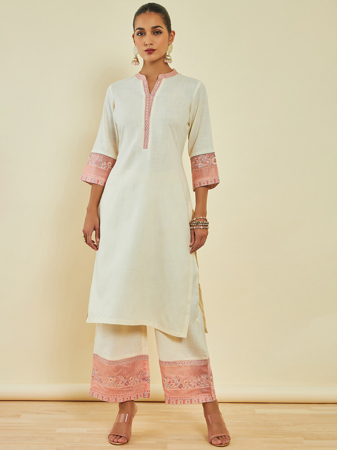 

Soch Floral Embroidered Thread Work Kurta With Trousers, White