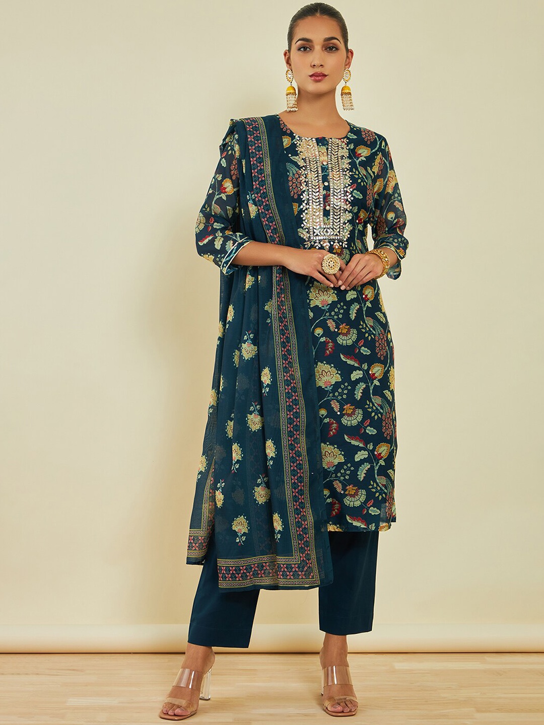 

Soch Floral Printed Regular Mirror Work Chanderi Silk Kurta With Trousers & Dupatta, Teal