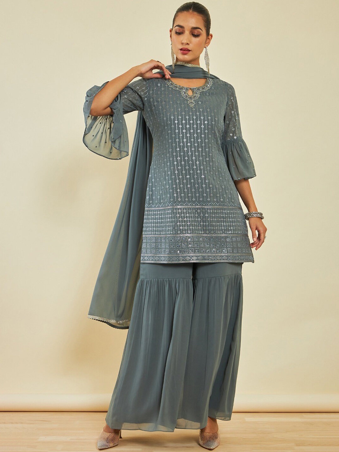 

Soch Embroidered Bell Sleeves Sequinned Kurti & Sharara With Dupatta, Grey