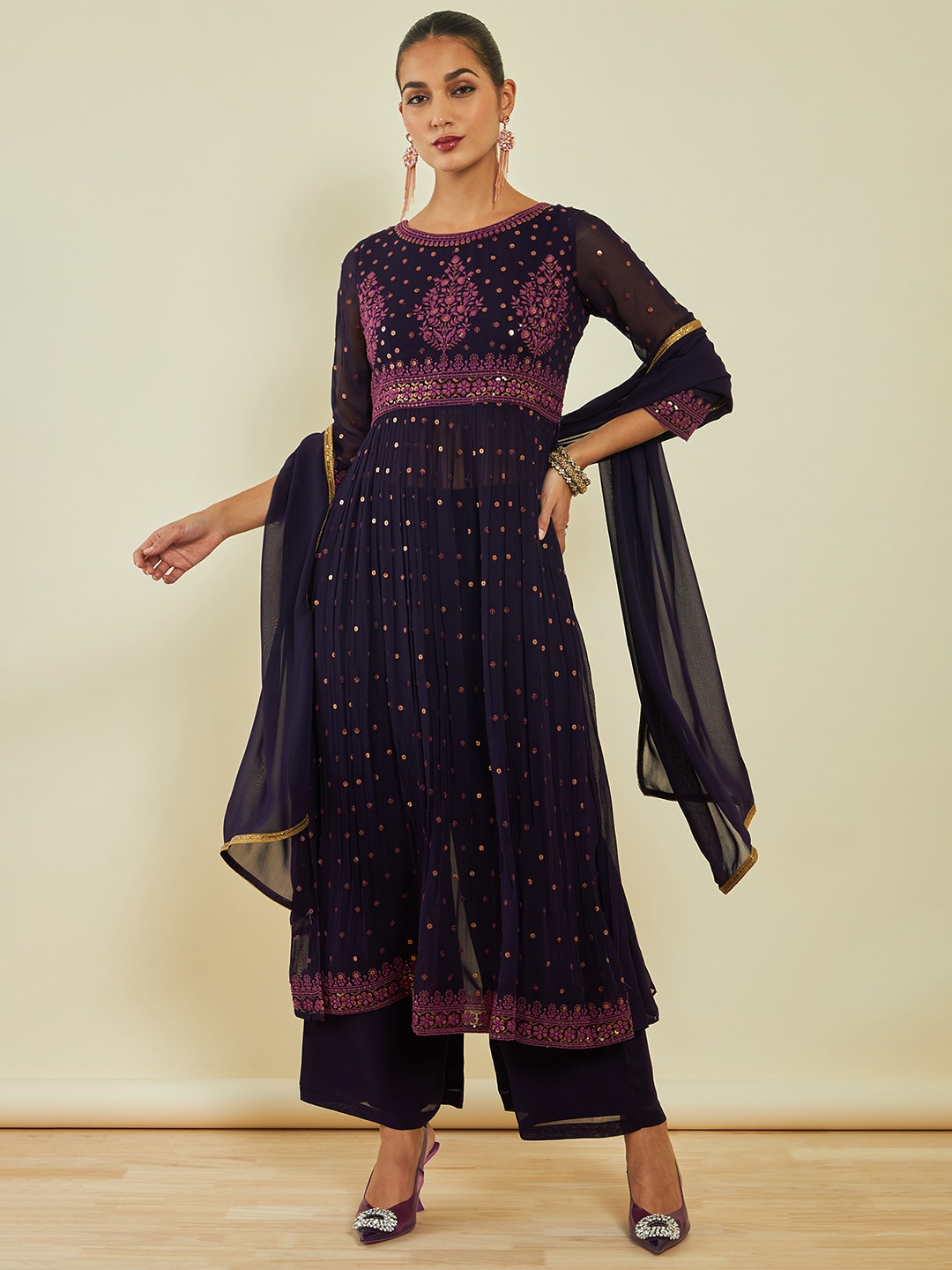 

Soch Ethnic Motifs Embroidered Sequined Kurta with Palazzos & Dupatta, Navy blue