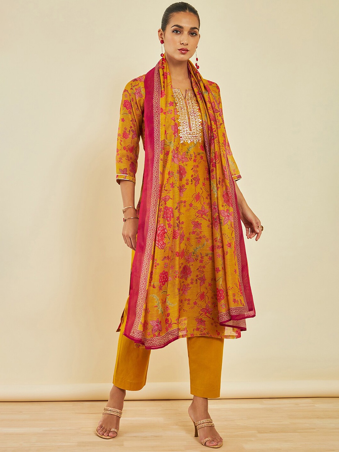 

Soch Floral Printed Mirror Work Chanderi Silk Kurta with Trousers & With Dupatta, Mustard