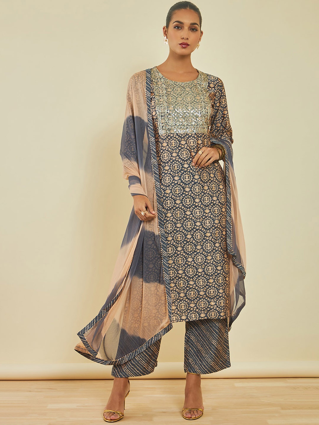 

Soch Ethnic Motifs Printed Sequinned Kurta with Trousers & With Dupatta, Grey