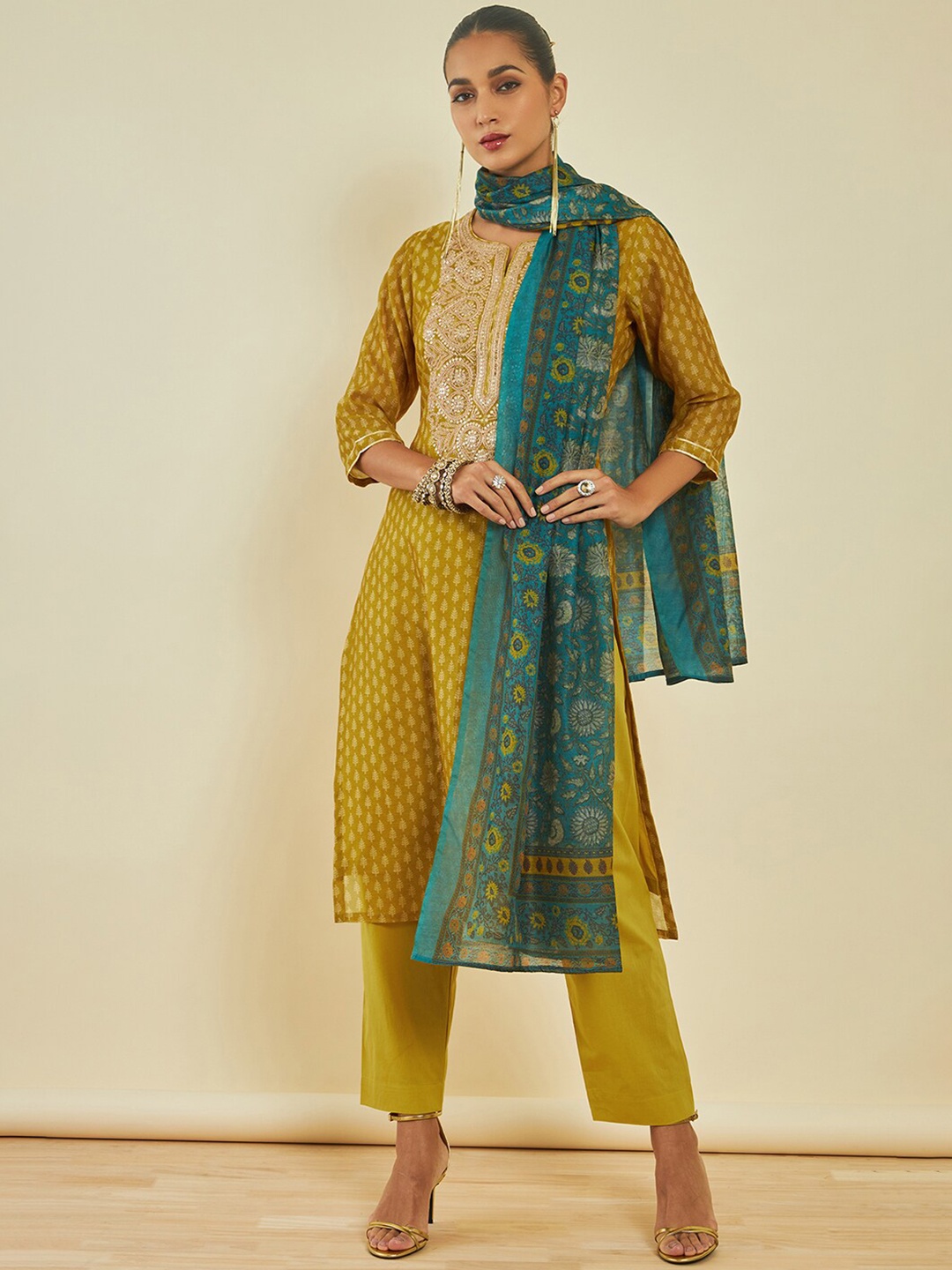 

Soch Ethnic Motifs Printed Sequinned Chanderi Silk Kurta With Trousers & With Dupatta, Mustard