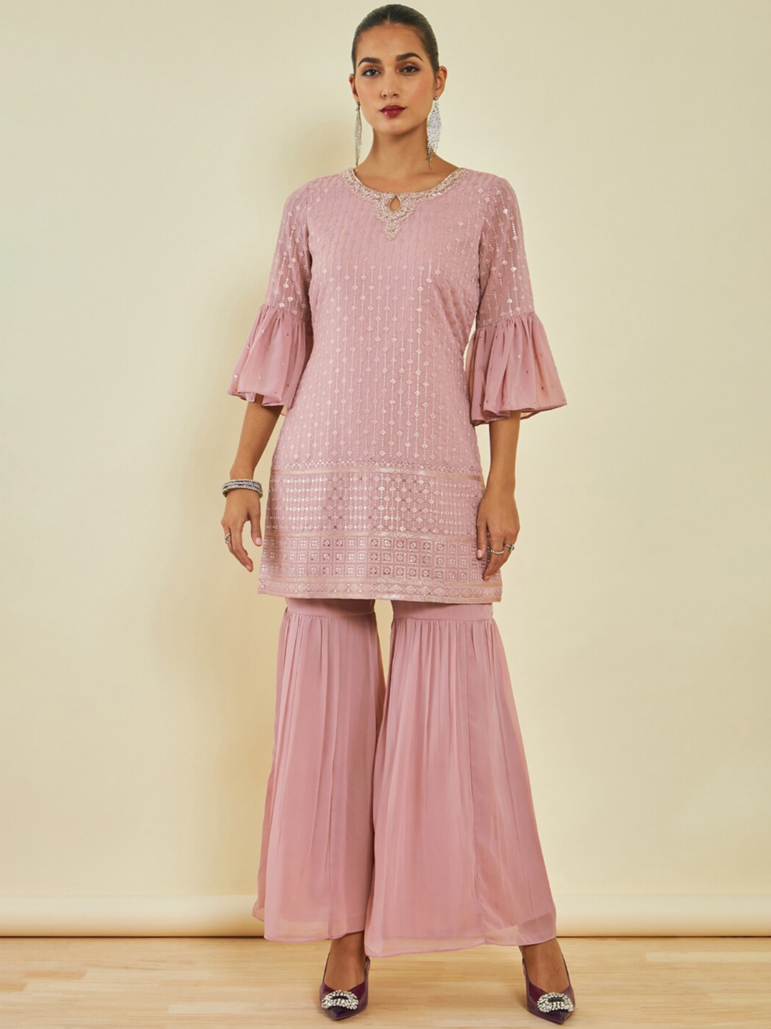 

Soch Sequin Embellished Kurta with Sharara & Dupatta, Pink