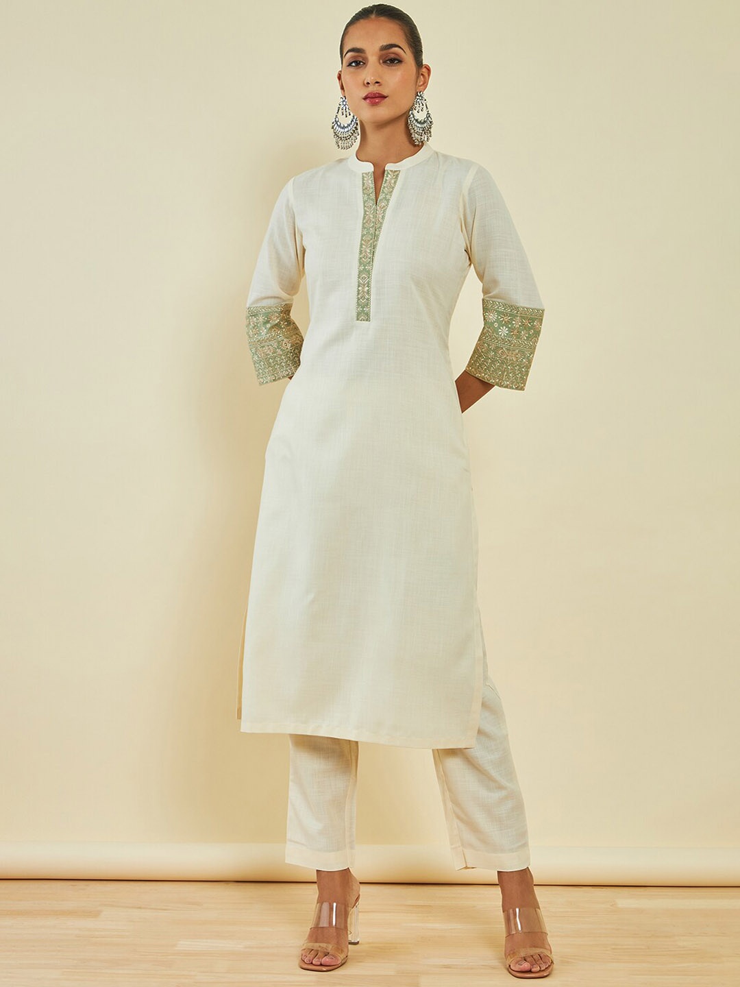 

Soch Off White Floral Embroidered Regular Kurta With Trousers