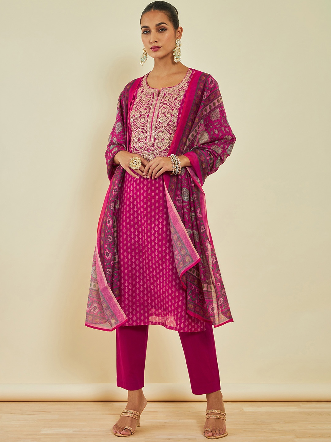

Soch Ethnic Motifs Printed Sequinned Chanderi Silk Kurta With Trousers & With Dupatta, Fuchsia