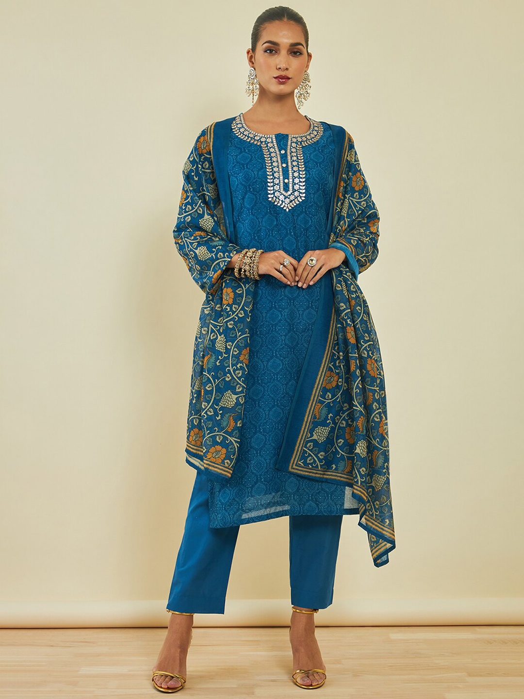 

Soch Ethnic Motifs Printed Gotta Patti Chanderi Silk Kurta with Trousers & With Dupatta, Blue