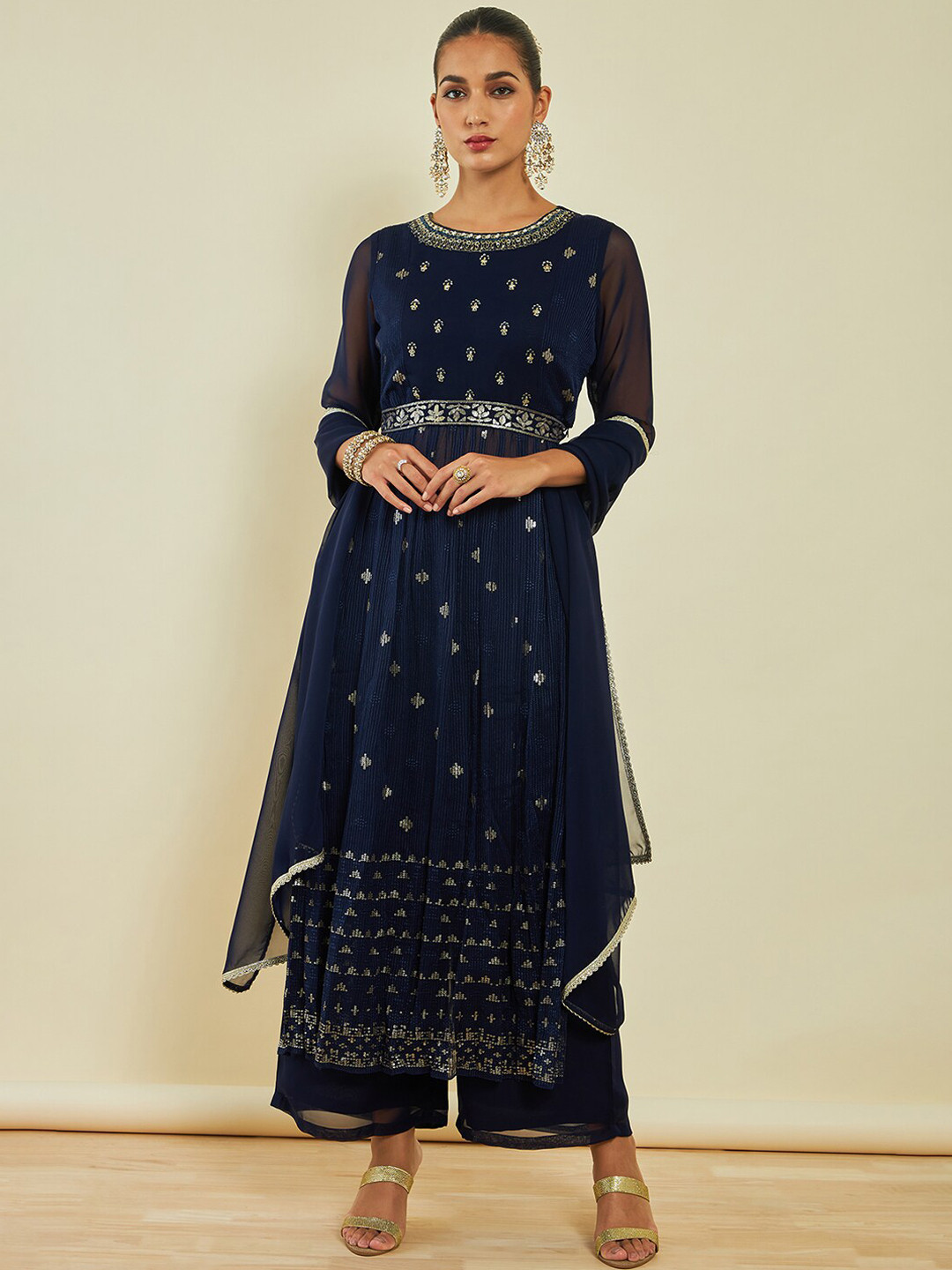 

Soch Ethnic Motifs Embroidered Sequinned A-Line Kurta with Trousers & With Dupatta, Navy blue