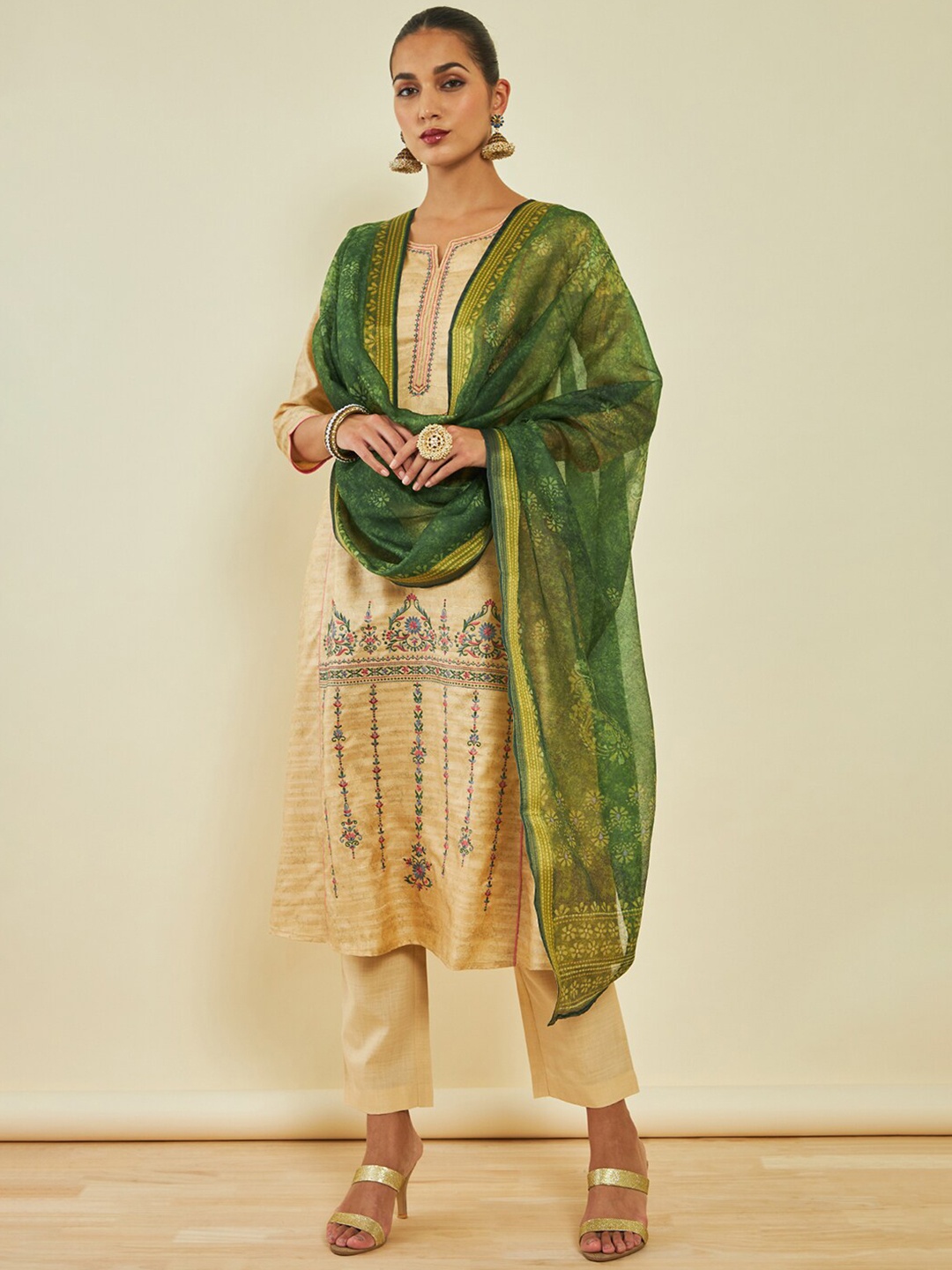 

Soch Beige Floral Embroidered Thread Work A-Line Kurta & Trousers With Dupatta