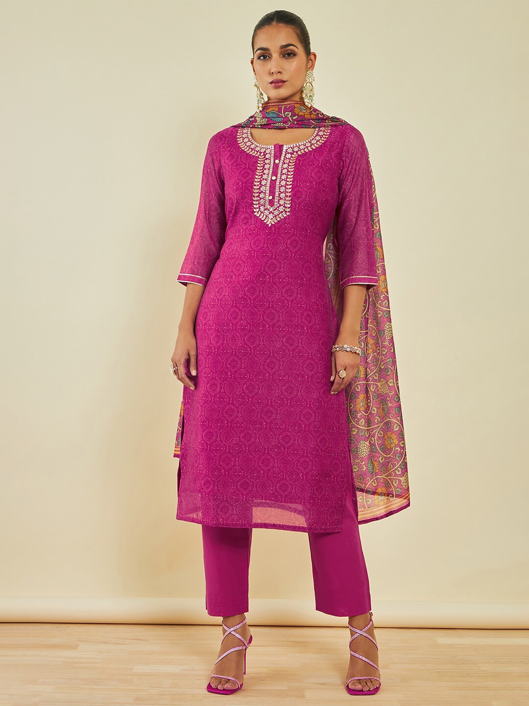 

Soch Ethnic Motifs Printed Mirror Work Chanderi Silk Kurta with Trousers & With Dupatta, Pink