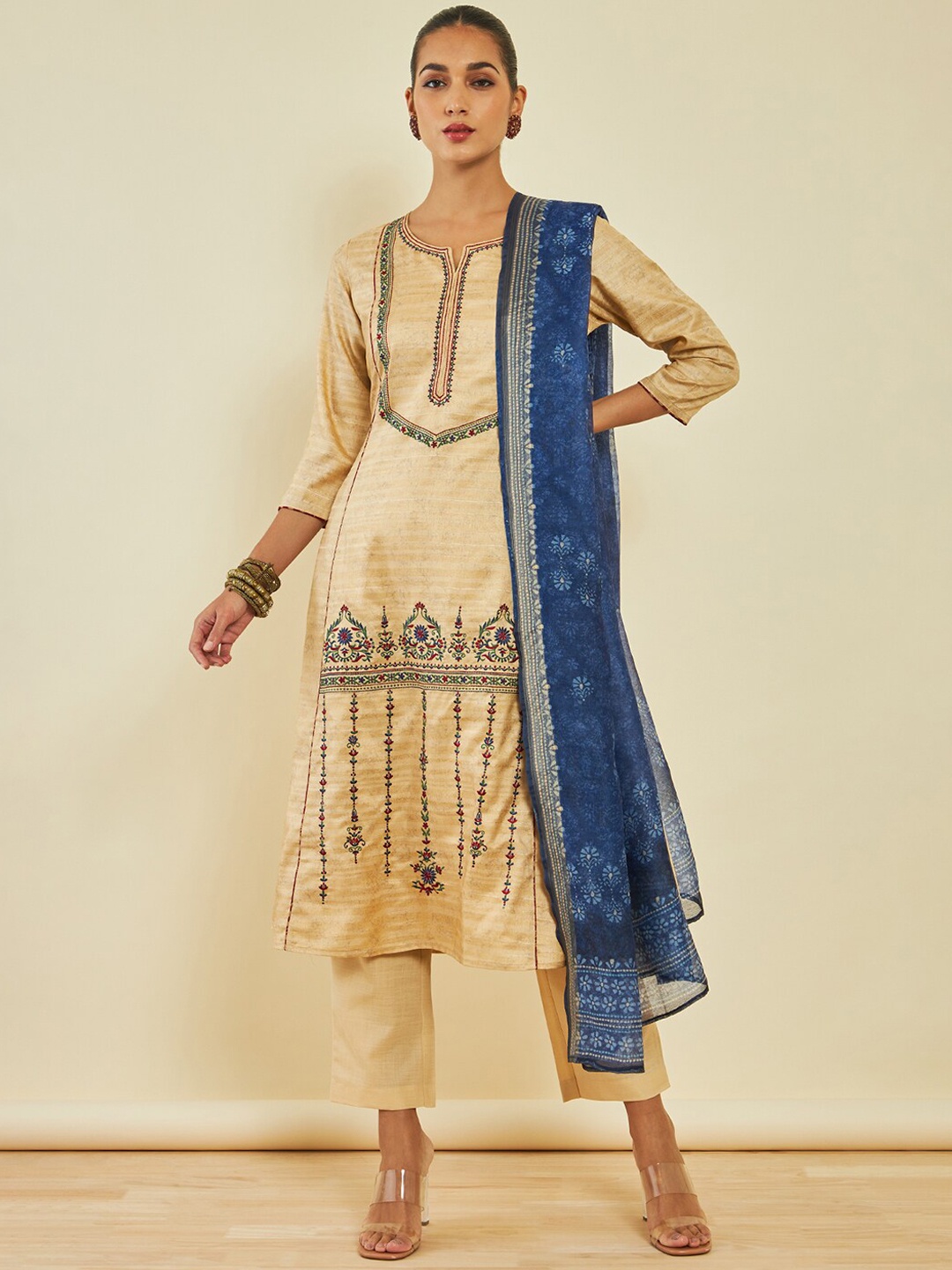 

Soch Ethnic Motifs Embroidered Regular Thread Work Kurta With Trousers & With Dupatta, Beige