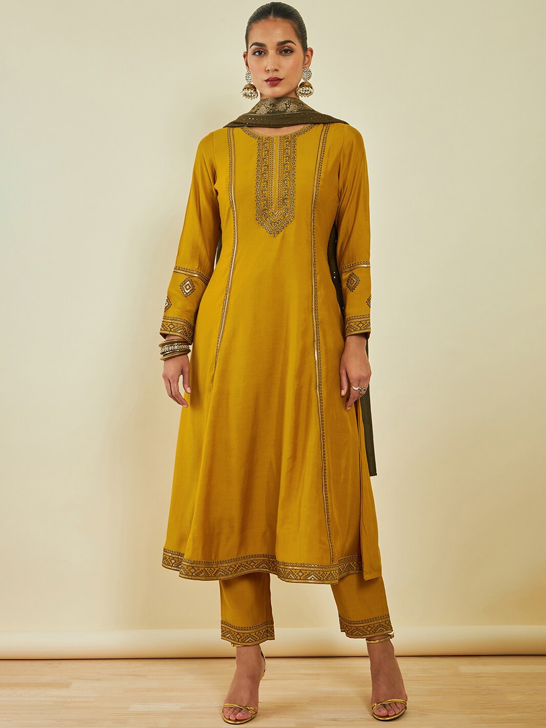 

Soch Ethnic Motifs Embroidered Gotta Patti Kurta with Trousers & With Dupatta, Mustard