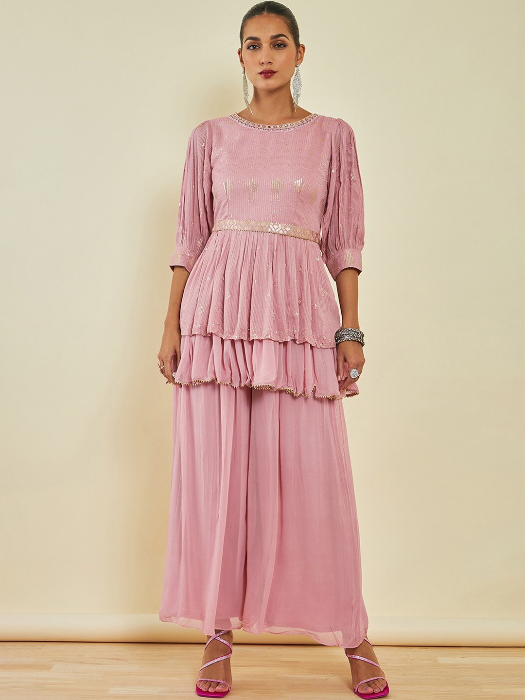 

Soch Sequinned Embellished Layered Puff Sleeves A-line Kurta with Palazzos & With Dupatta, Pink