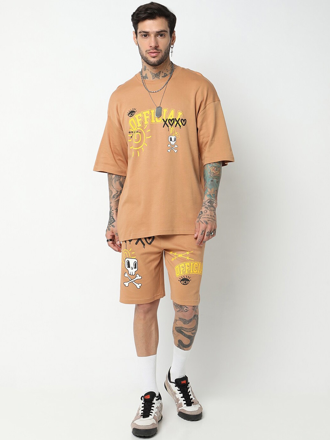 

7Shores Typography Printed Pure Cotton T-Shirt & Shorts, Brown