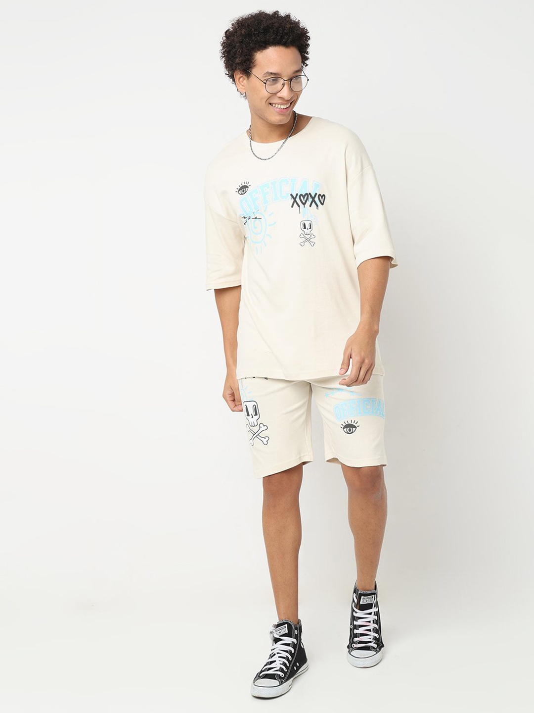 

7Shores Typography Printed Pure Cotton T-Shirt & Shorts, Off white