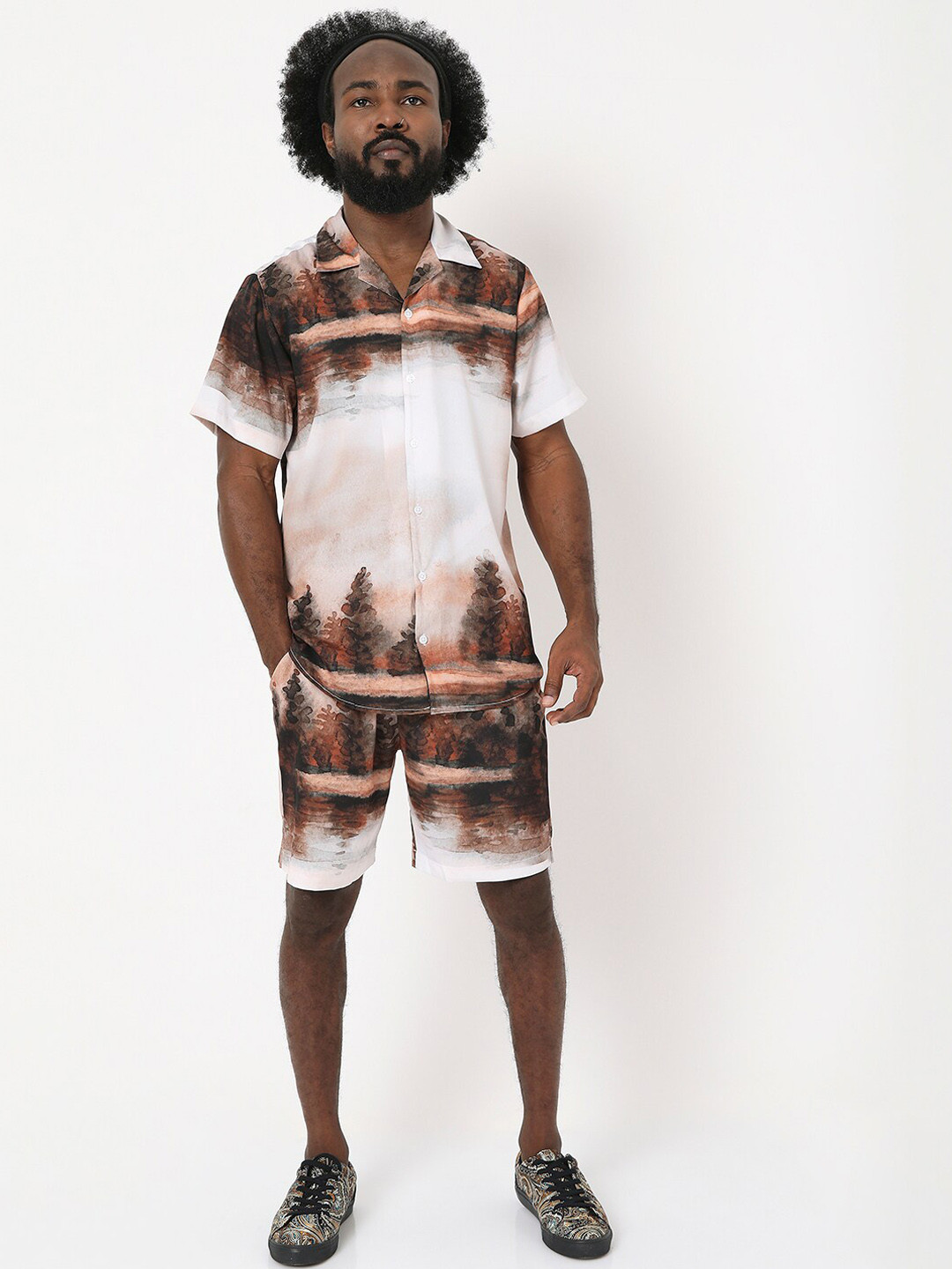 

7Shores Abstract Printed Pure Cotton Shirt With Shorts, Brown