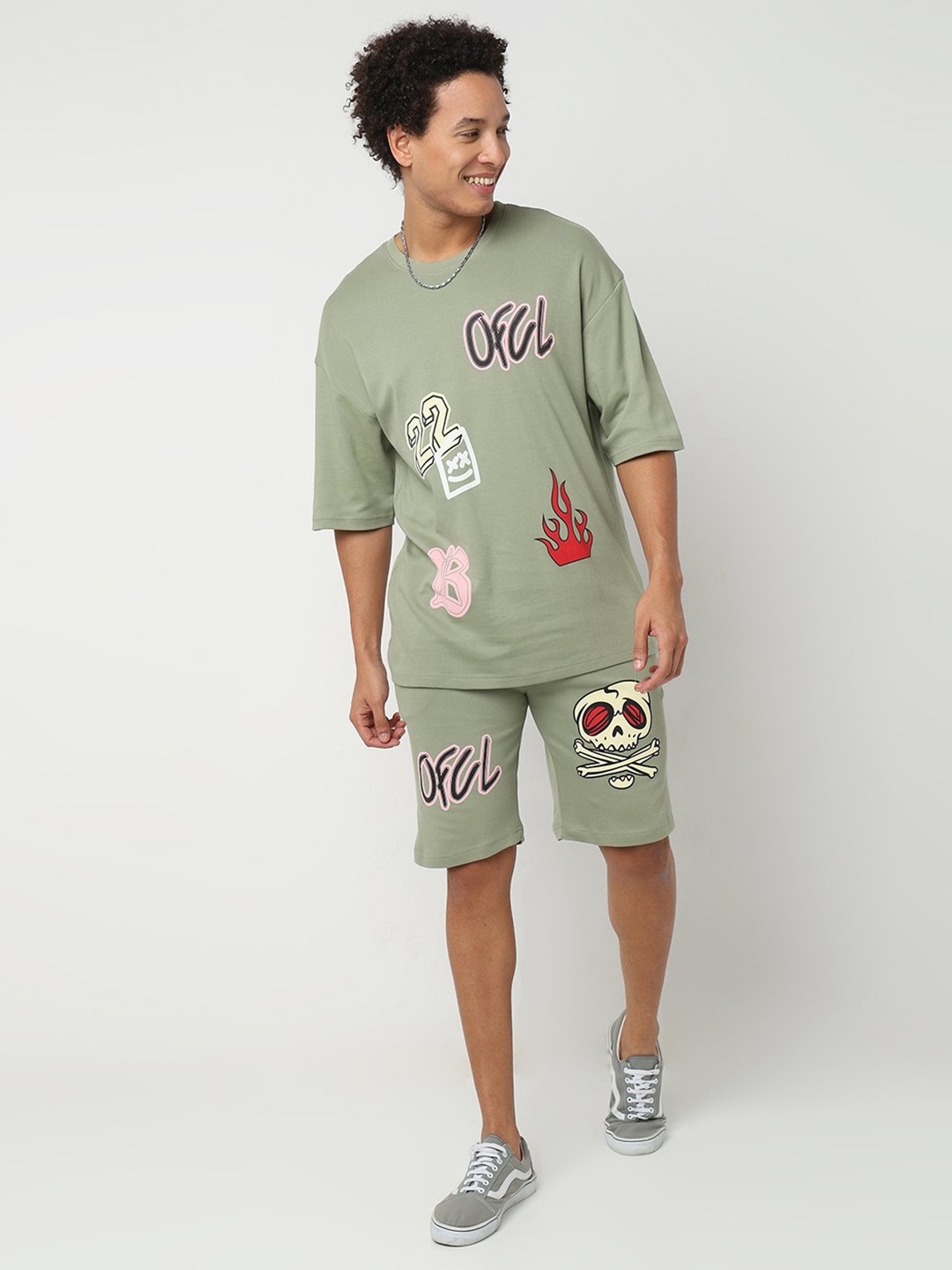 

7Shores Typography Printed Pure Cotton T-Shirt & Shorts, Green