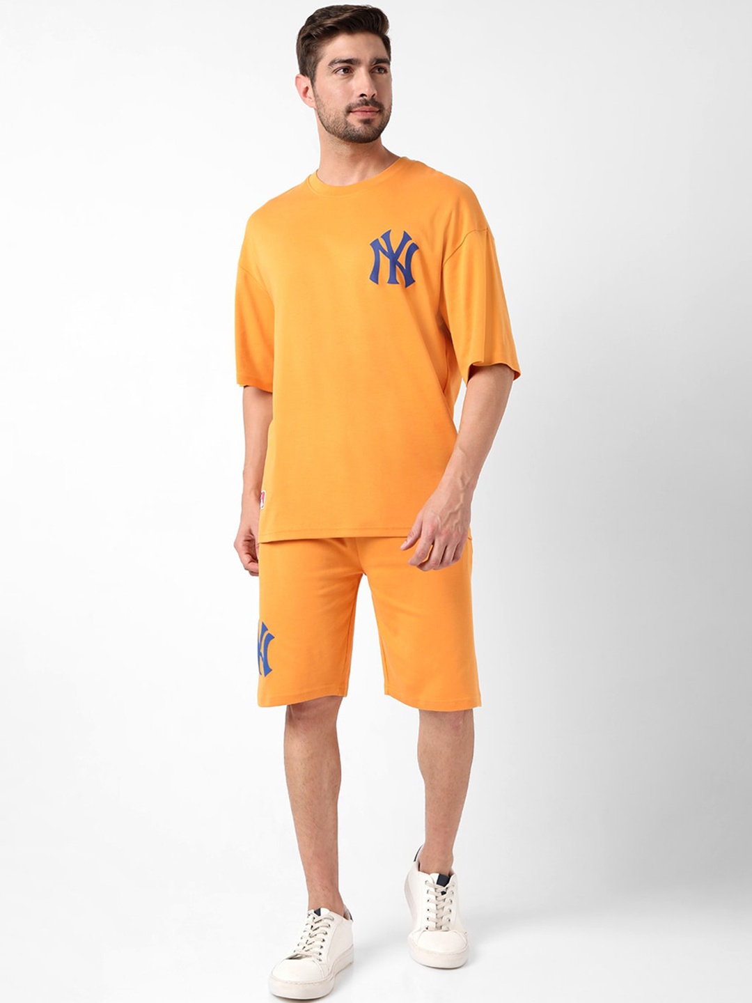 

7Shores Printed Pure Cotton T-Shirt With Shorts, Mustard