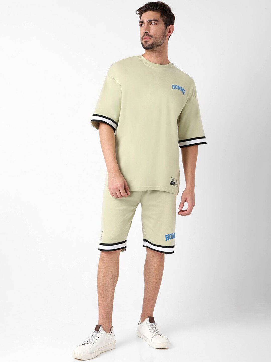 

7Shores Striped Pure Cotton Round Neck Tshirt With Shorts, Green