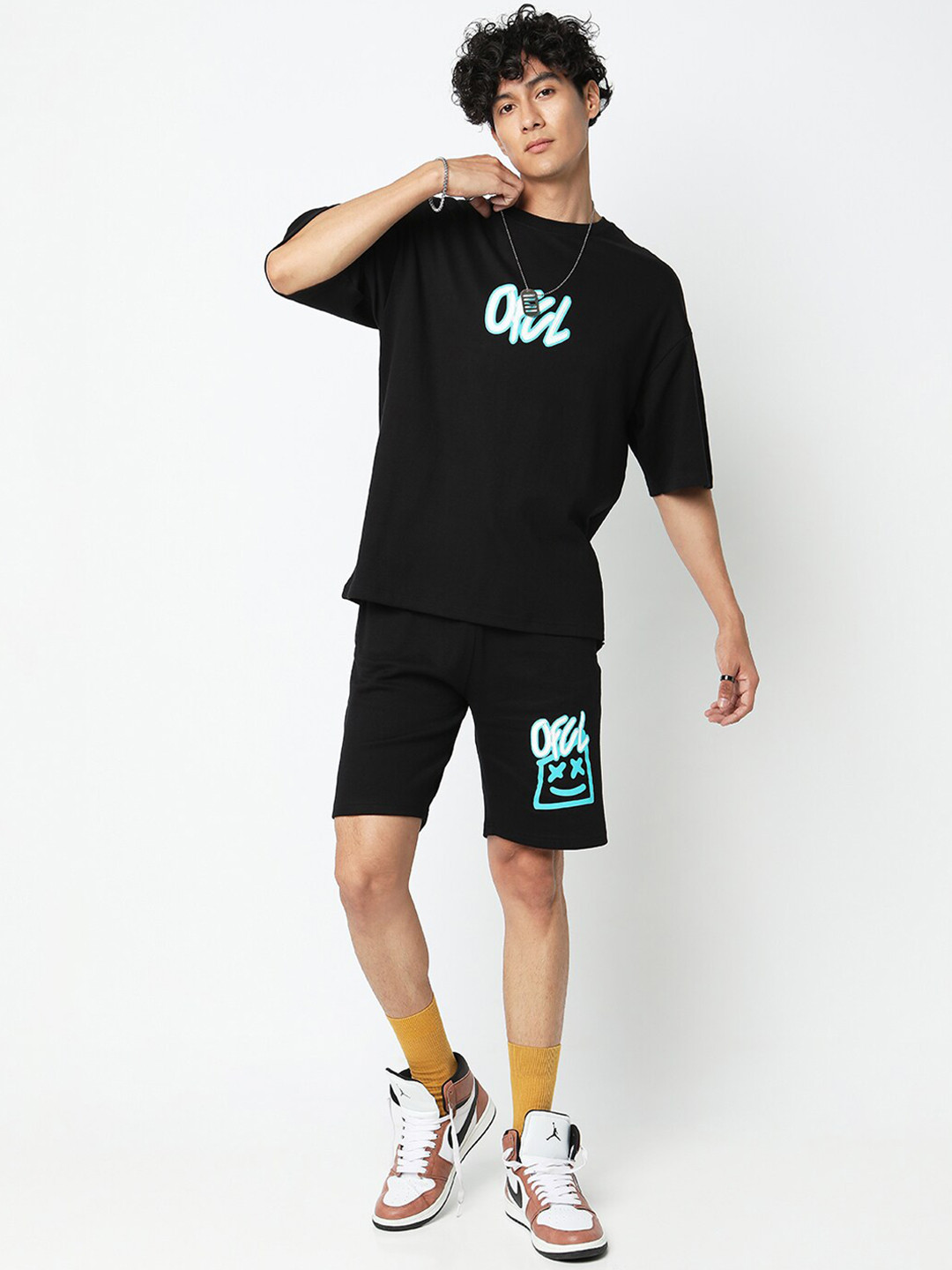 

7Shores Printed Pure Cotton T-shirt & Shorts Co-Ord Set, Black