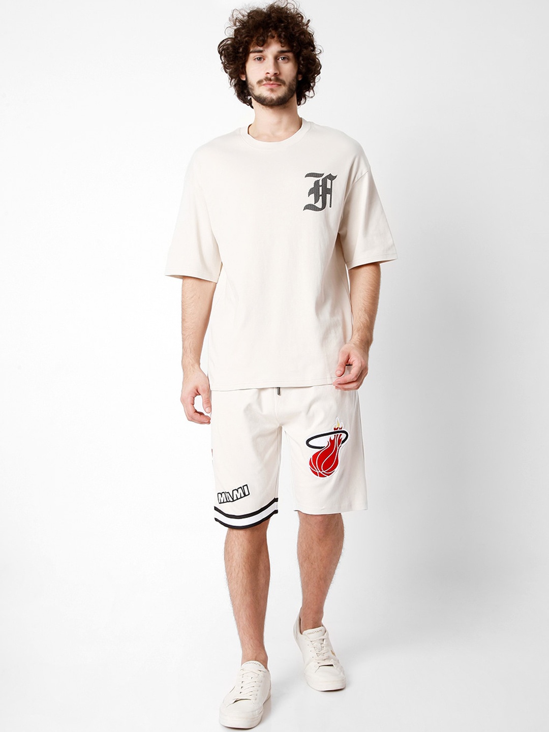 

7Shores Typography Printed Pure Cotton T-Shirt & Shorts, Off white