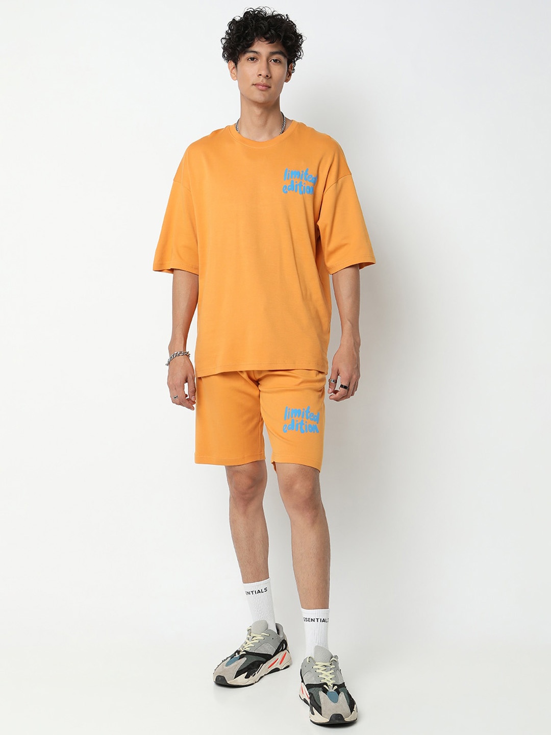 

7Shores Typography Printed Pure Cotton T-Shirt & Shorts, Mustard