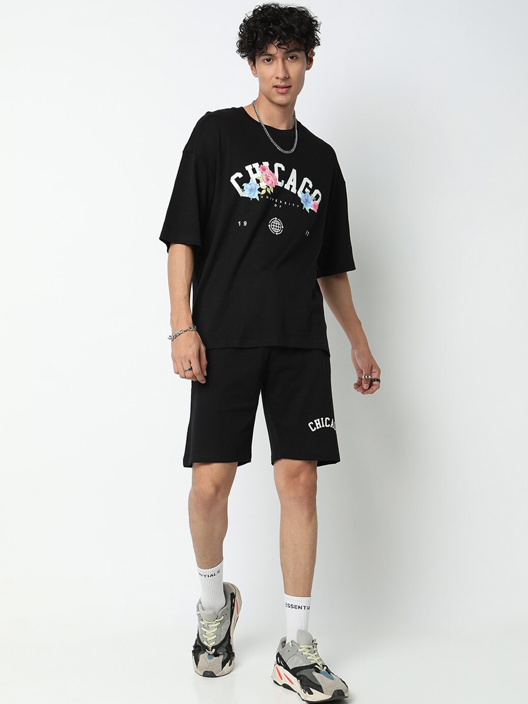 7Shores Typography Printed Pure Cotton T-Shirt & Shorts, Black