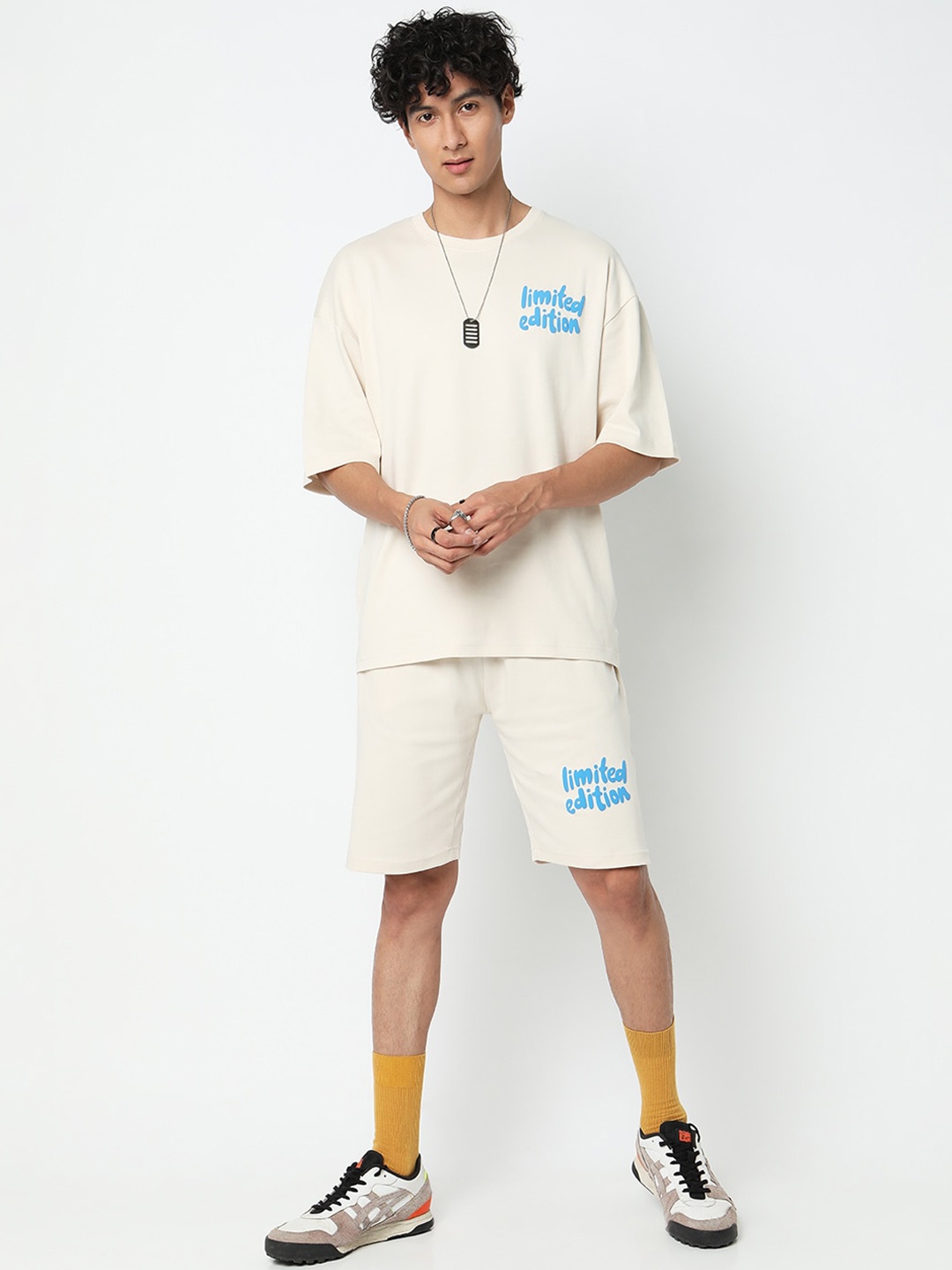 7Shores Printed Pure Cotton T-Shirt With Shorts, Off white