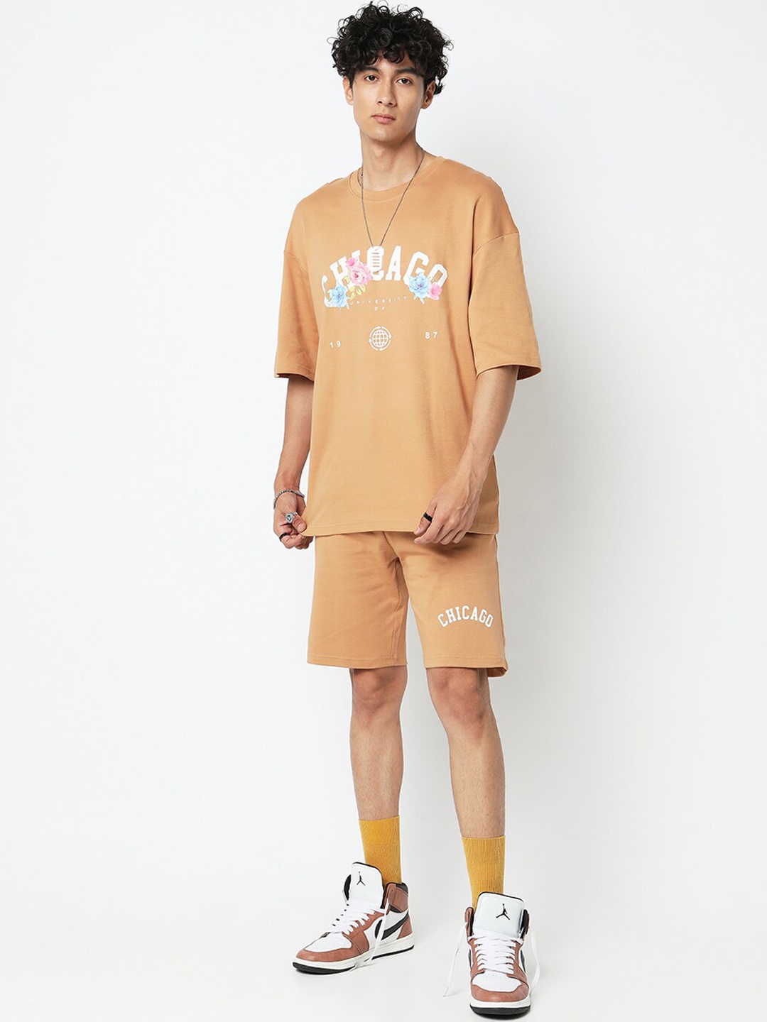 

7Shores Typography Printed Pure Cotton T-Shirt & Shorts, Brown
