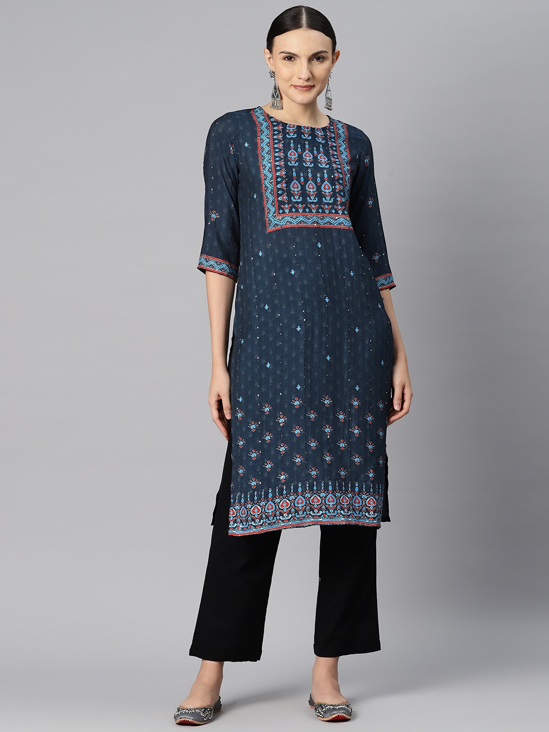 

Readiprint Fashions Women Ethnic Motifs Yoke Design Sequinned Kurta, Navy blue
