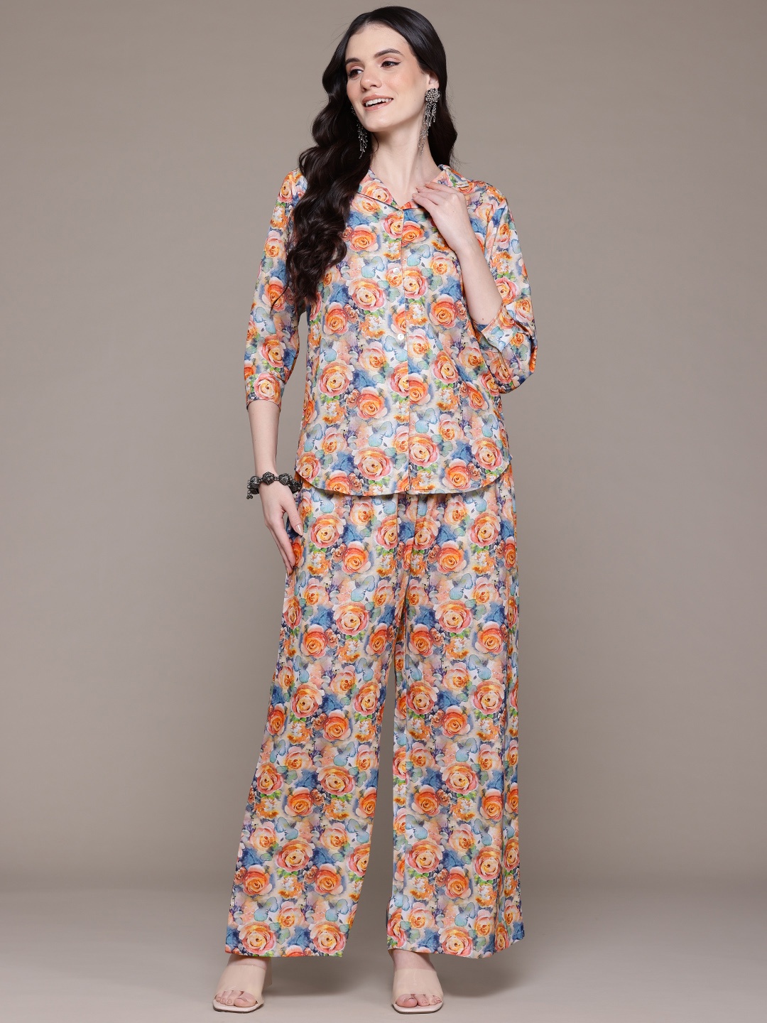 

Readiprint Women Floral Printed Cotton Shirt with Palazzos, Orange