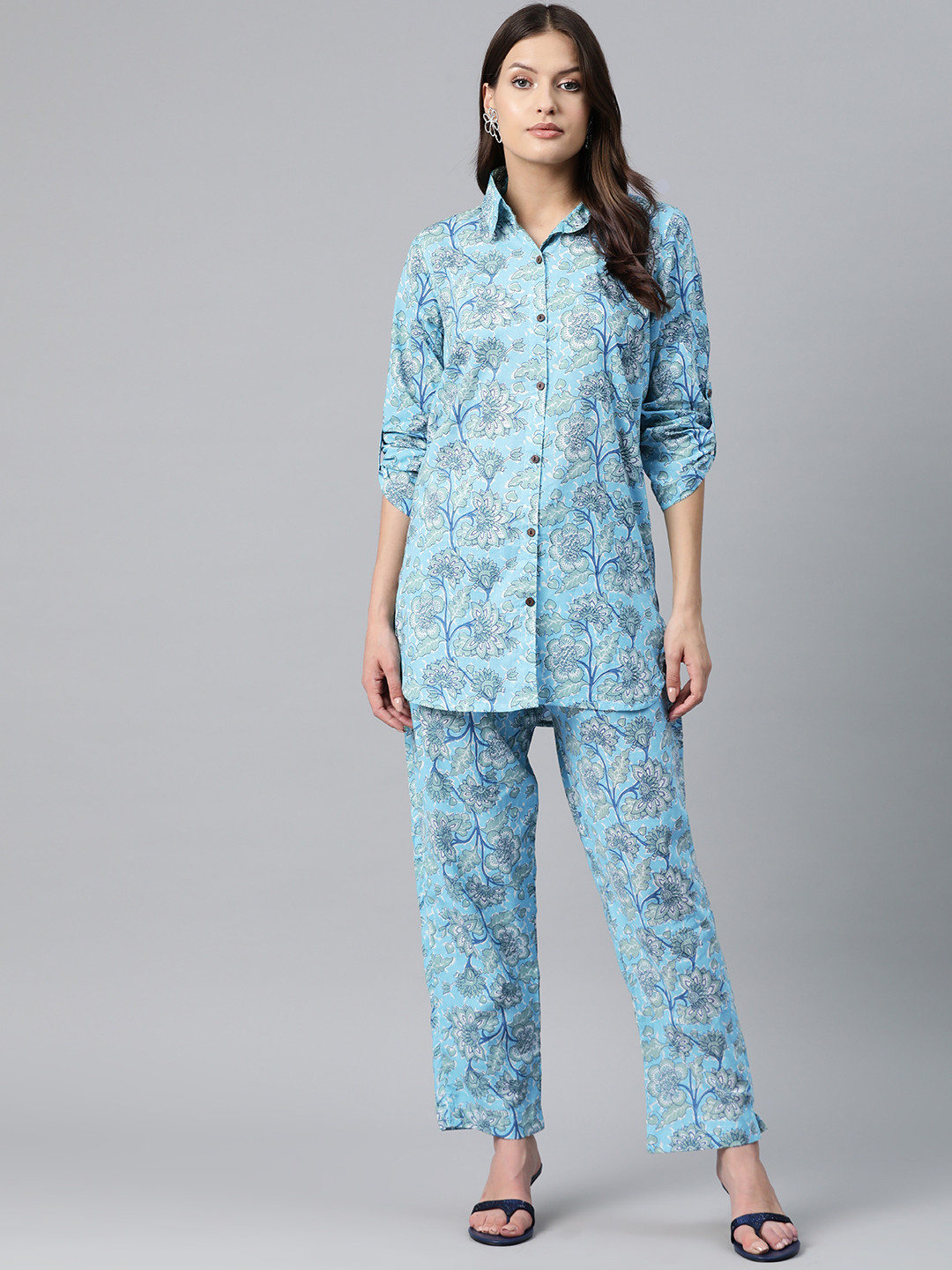

Readiprint Fashions Printed Pure Cotton Longline Shirt & Palazzos, Blue