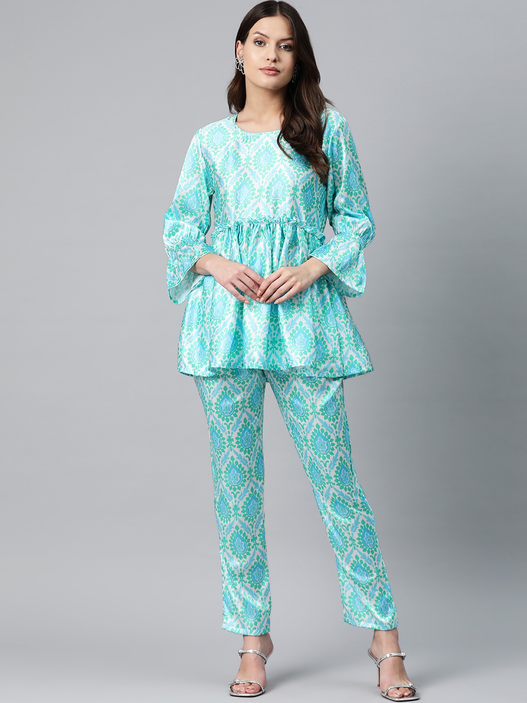 

Readiprint Printed Satin Top & Trousers, Sea green