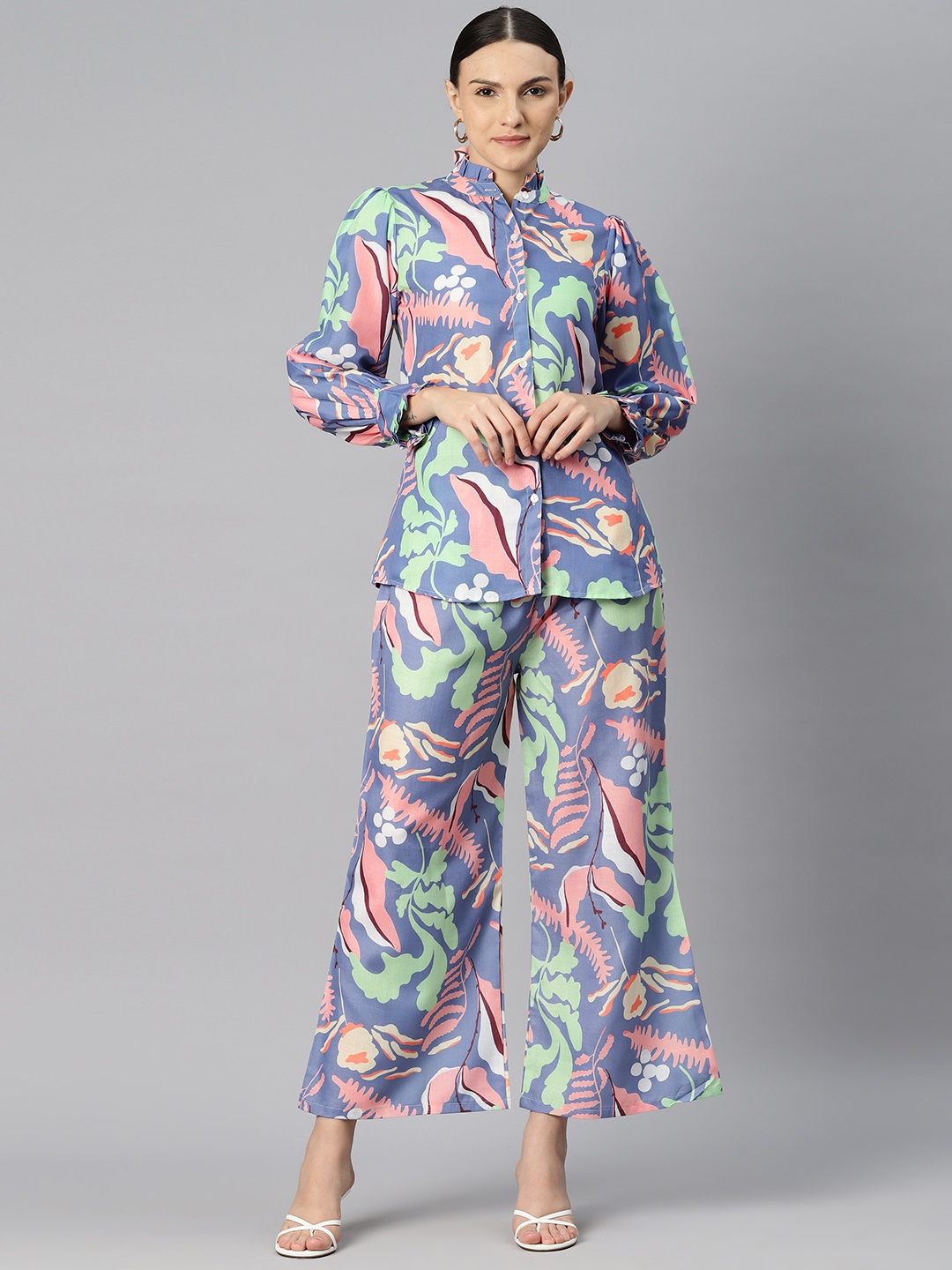 

Readiprint Women Printed Satin Shirt with Palazzos, Blue