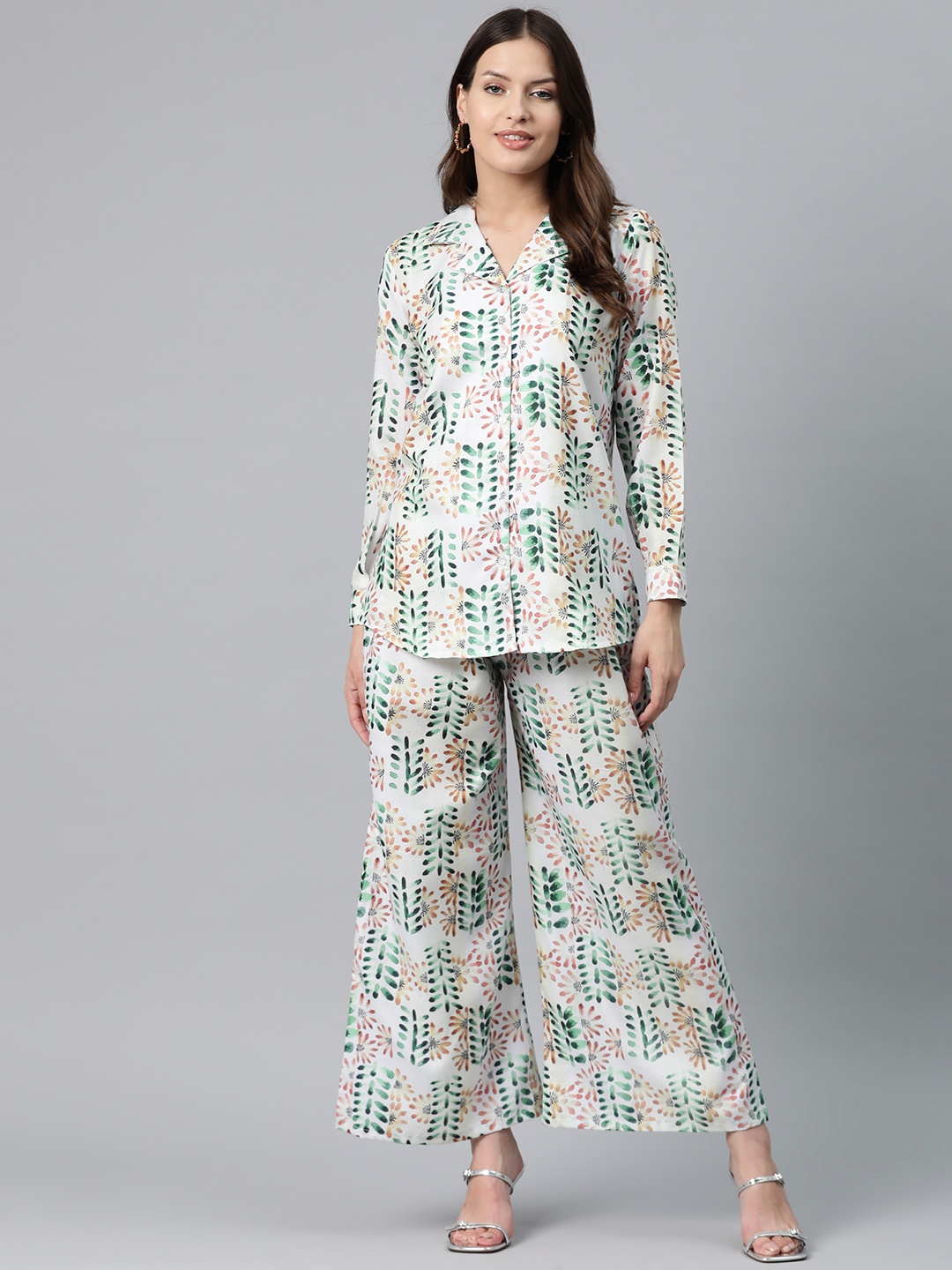 Readiprint Printed Pure Cotton Longline Shirt & Palazzos, Off white