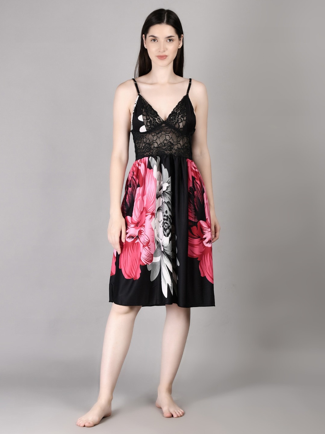 

Noty Floral Printed Shoulder Straps Nightdress, Pink